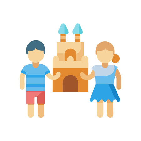 Cartoon of boy girl by a sandcastle at beachのイラスト素材