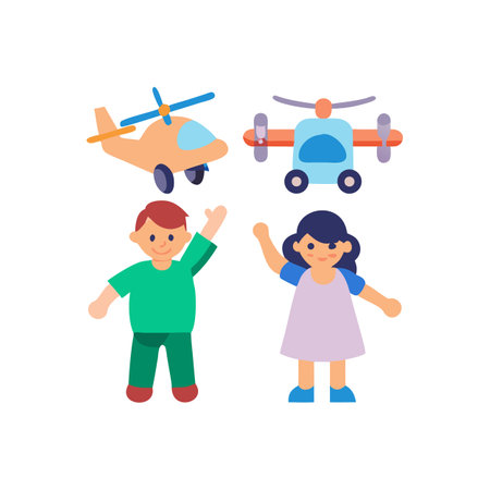Children playing with toy airplanes in a flat styleのイラスト素材