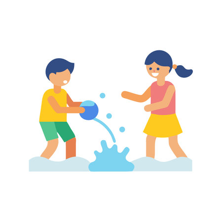 Children playing water games in flat colorful illustration styleのイラスト素材