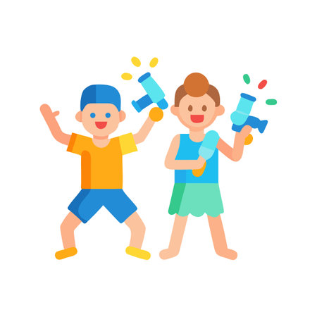 Happy children joyfully play with water guns illustration artのイラスト素材