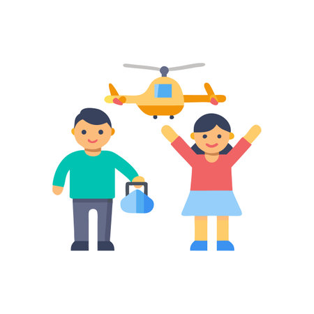 Two children look at a yellow toy helicopterのイラスト素材