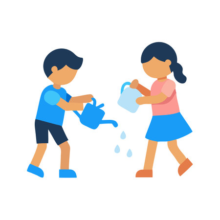 Cartoon children watering plants with watering cans on blackのイラスト素材