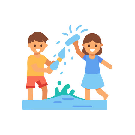 Cartoon kids splashing water bottles illustration on black backdropのイラスト素材