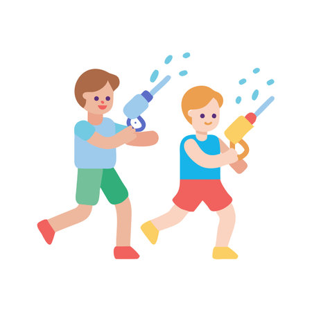 Two boys joyfully playing together with water gunsのイラスト素材