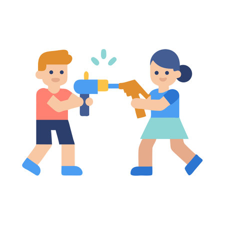 Two children playing a water gun fight illustrationのイラスト素材