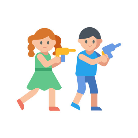 Cartoon style children playing with toy guns illustrationのイラスト素材