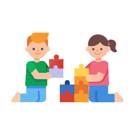Children playing together building a colorful puzzle together vectorのイラスト素材