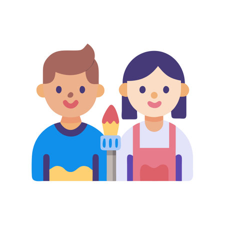 Cartoon boy and girl with paintbrush on black backgroundのイラスト素材