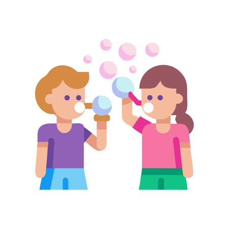 Children blowing bubbles cartoon vector on isolated black backgroundのイラスト素材
