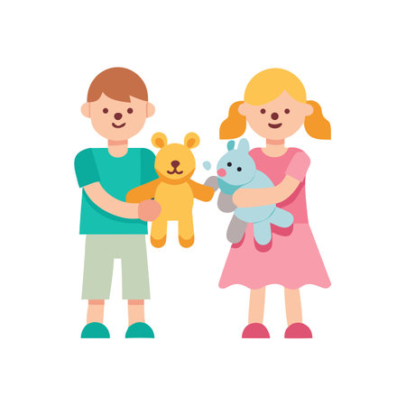 Boy and Girl Holding Stuffed Animals Smiling Flat Designのイラスト素材