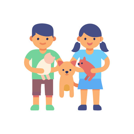 Two children holding pets, dog and cats illustration artのイラスト素材