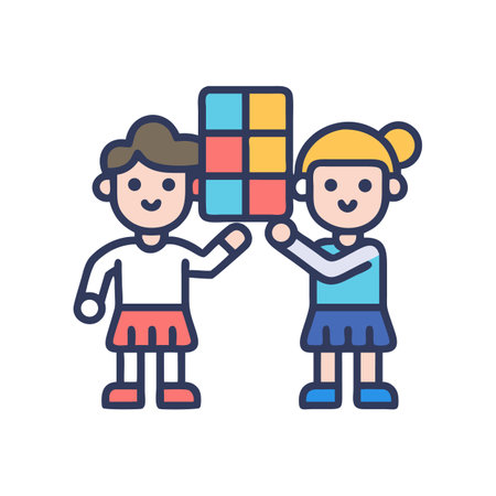 Two Children Holding Multicolor Cube in Graphic Styleのイラスト素材