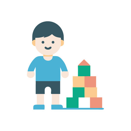 Child building a tower from blocks on black backgroundのイラスト素材