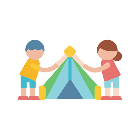 Children pitching a tent together in stylized camping sceneのイラスト素材