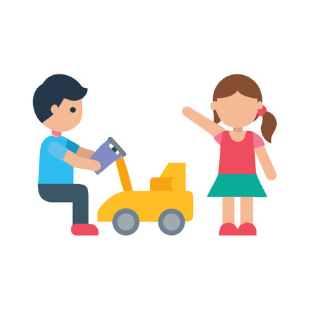 Cartoon children with toy car on solid black backgroundのイラスト素材
