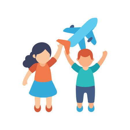 Kids playing with toy airplane on black backgroundのイラスト素材