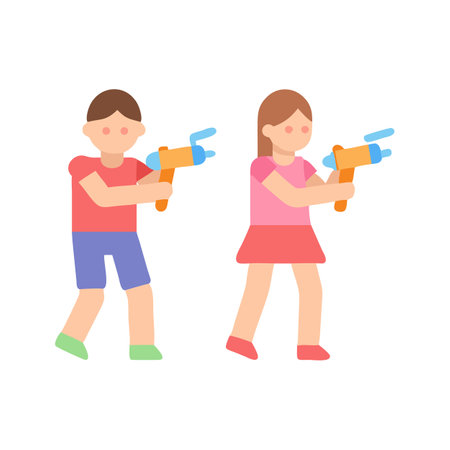 Flat illustration of kids shooting water guns, black backgroundのイラスト素材