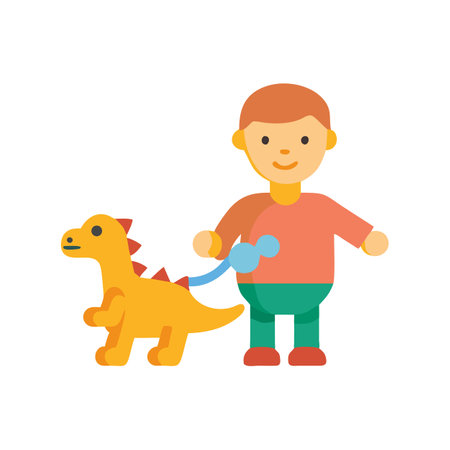Child walking a toy dinosaur illustration on a leashのイラスト素材