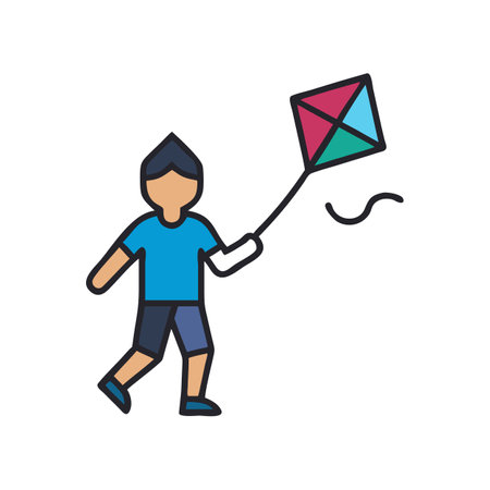 Cartoon boy happily flying colorful kite on black backgroundのイラスト素材