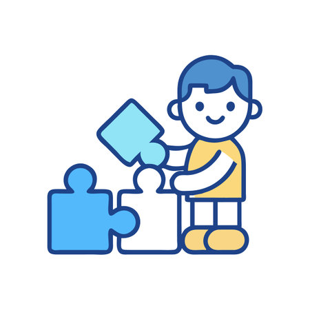 Cartoon boy fitting puzzle pieces on a black backgroundのイラスト素材