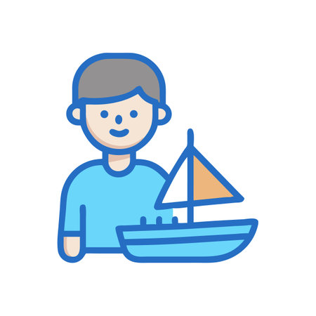 Boy holding a toy sailboat with blue and beigeのイラスト素材