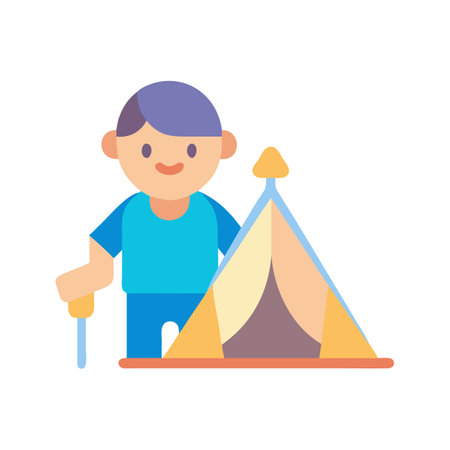 Cartoon boy and tent illustration with camping gearのイラスト素材