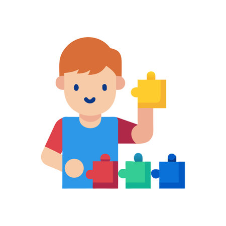 Boy solving puzzle pieces in colorful flat vector designのイラスト素材