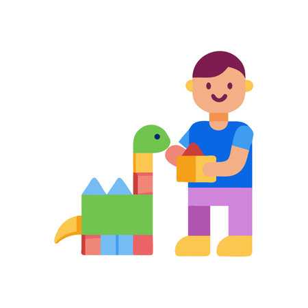 Young child playing with toy blocks building a dinosaurのイラスト素材