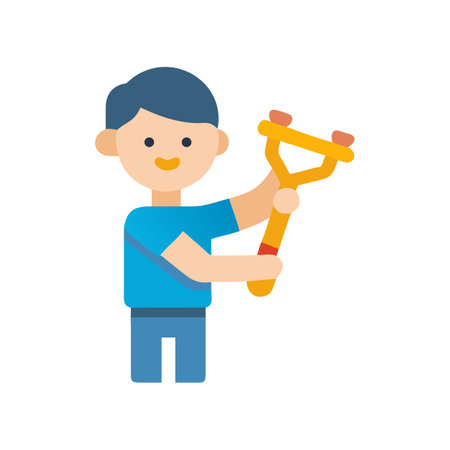 Boy Holding a Slingshot with Arms Raised in Flat Styleのイラスト素材