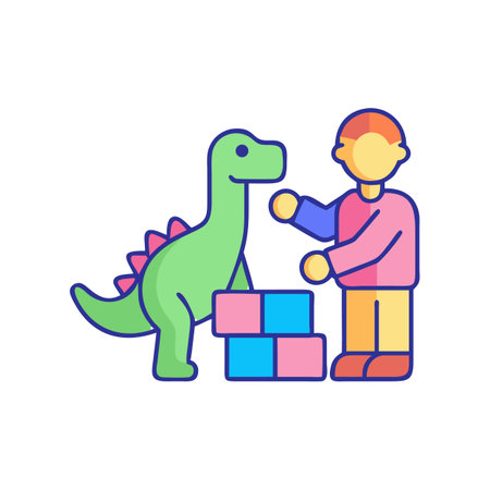 A child with dinosaur toy playing with building blocksのイラスト素材