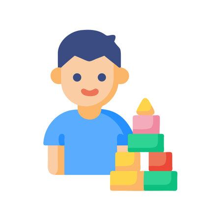 Child playing with colorful building blocks in a flat styleのイラスト素材