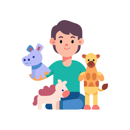 Child with plush toys on isolated black backgroundのイラスト素材