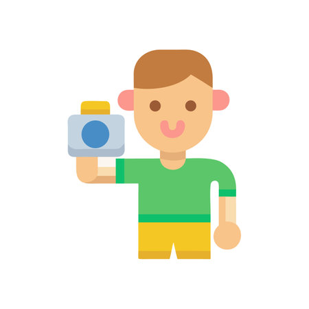 Flat vector of a photographer holding up a cameraのイラスト素材