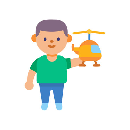 Cartoon boy holding helicopter toy against a black backgroundのイラスト素材