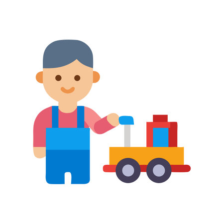 Little worker with a push train in flat illustrationのイラスト素材