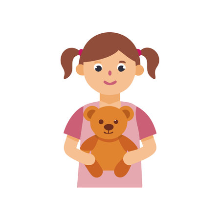 Flat illustration of girl with teddy bear on blackのイラスト素材