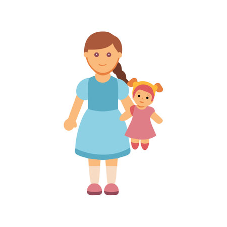 Cartoon girl holding doll isolated on black backgroundのイラスト素材