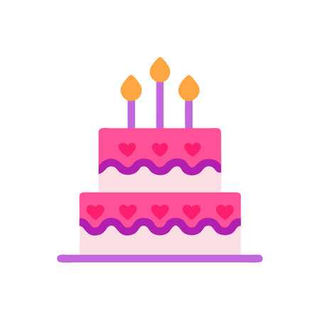 Pink layered cake with hearts, purple details, and candles