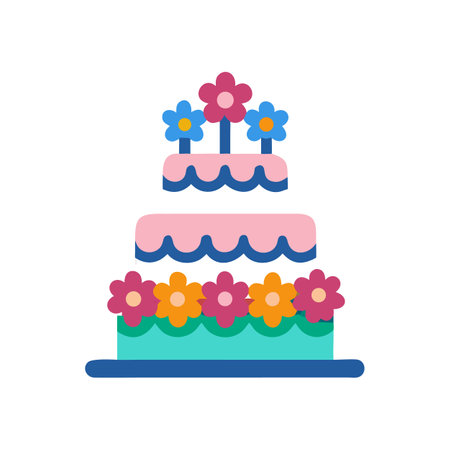 Three tiered cake with colorful flowers on black backgroundのイラスト素材