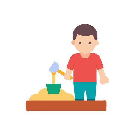 Child plays in sandbox with pail and shovel graphicのイラスト素材