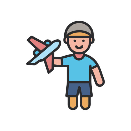 Boy with Airplane Flat Illustration on Black Backgroundのイラスト素材