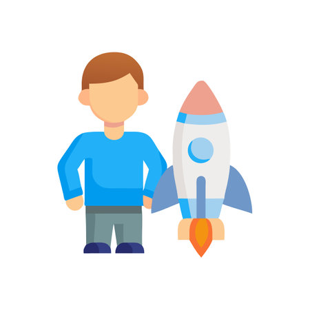 Cartoon man and rocket launch representing innovation and goalsのイラスト素材
