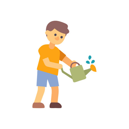 Young boy watering plants with a watering can vectorのイラスト素材