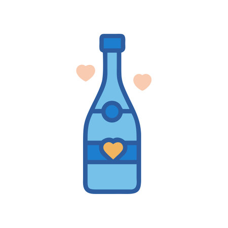 Stylized celebration: blue champagne bottle with hearts on black backgroundのイラスト素材