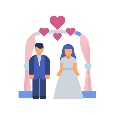 Flat-style wedding scene featuring a couple under an archのイラスト素材