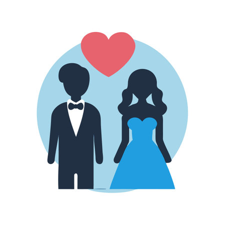 Stylized couple under heart inside circle on black backdropのイラスト素材