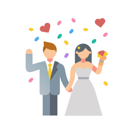 Cartoon wedding celebration of bride and groom with confettiのイラスト素材