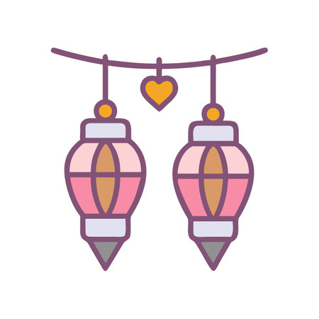 Two oriental lanterns hanging on garland with small heartのイラスト素材