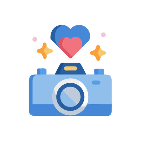 Stylized flat camera icon with heart and sparkle elementsのイラスト素材