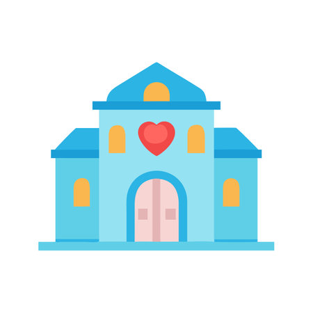Blue church flat illustration with red heart on black backgroundのイラスト素材